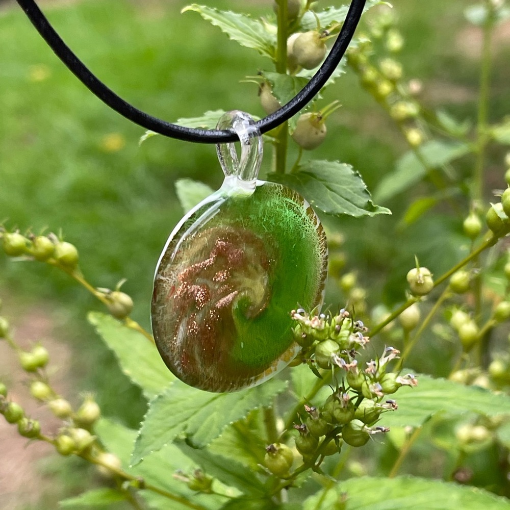 Beautiful Artisan Green and Gold Art Glass Pendant